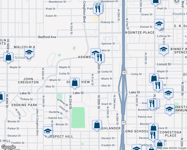 map of restaurants, bars, coffee shops, grocery stores, and more near 3101 Miami Street in Omaha
