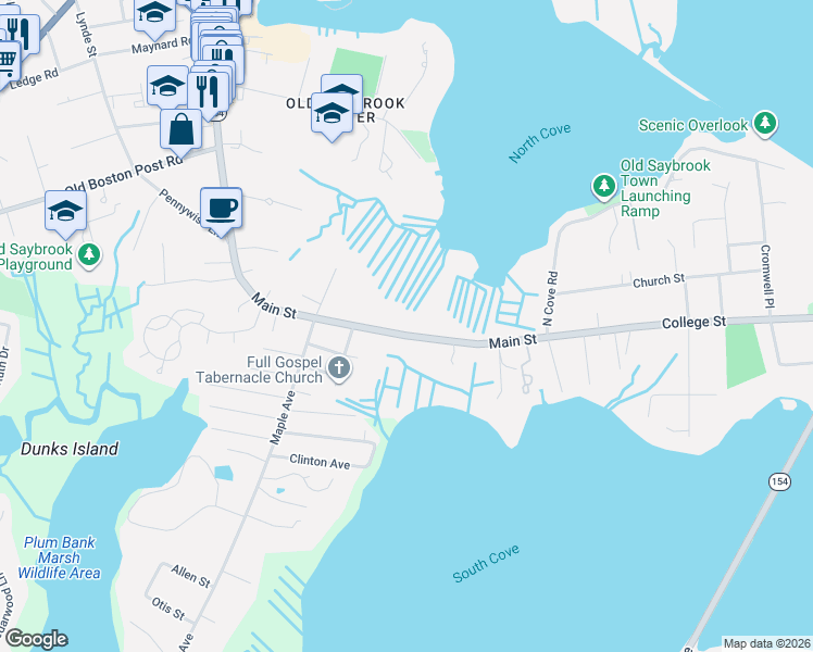 map of restaurants, bars, coffee shops, grocery stores, and more near 500 Main Street in Old Saybrook