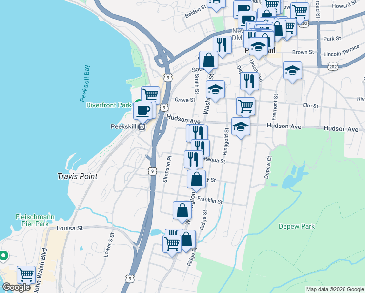 map of restaurants, bars, coffee shops, grocery stores, and more near 404 Smith Street in Peekskill