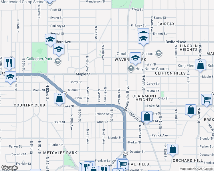 map of restaurants, bars, coffee shops, grocery stores, and more near 2552 North 48th Avenue in Omaha