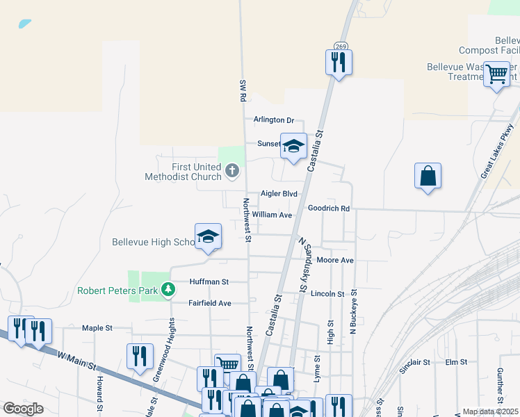 map of restaurants, bars, coffee shops, grocery stores, and more near 123 William Avenue in Bellevue