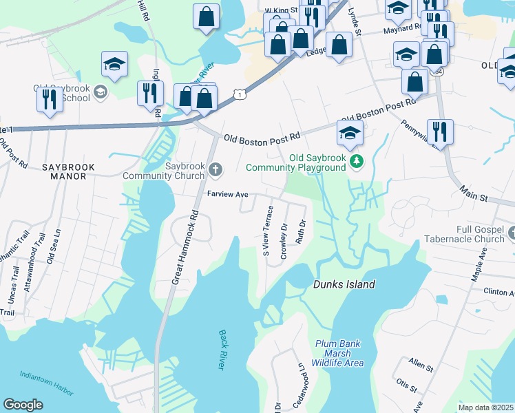map of restaurants, bars, coffee shops, grocery stores, and more near 29 Farview Avenue in Old Saybrook