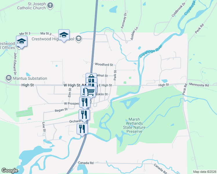 map of restaurants, bars, coffee shops, grocery stores, and more near 4715 East High Street in Mantua