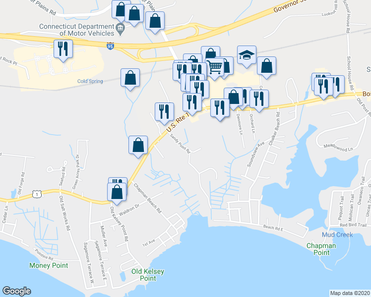 map of restaurants, bars, coffee shops, grocery stores, and more near 100 Sandy Point Road in Old Saybrook