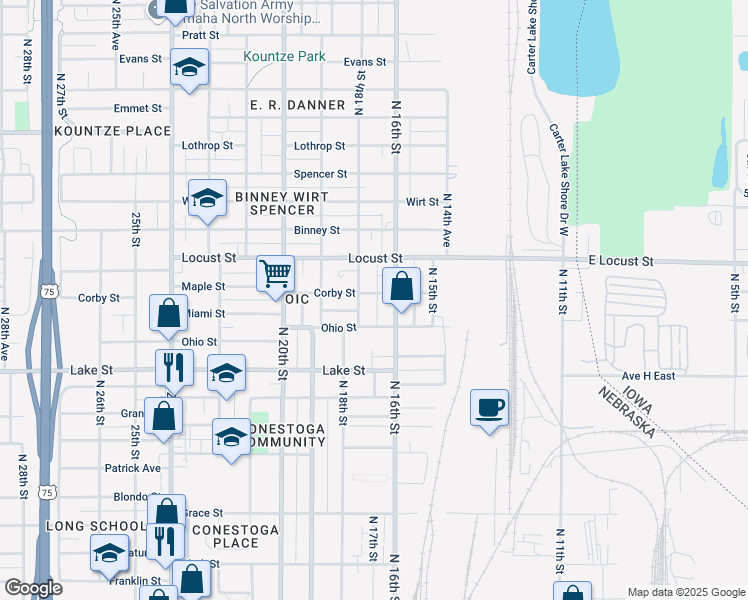 map of restaurants, bars, coffee shops, grocery stores, and more near 1611 Maple Street in Omaha