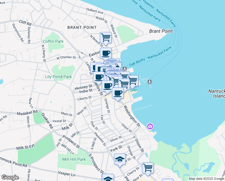 map of restaurants, bars, coffee shops, grocery stores, and more near 21 Main Street in Nantucket