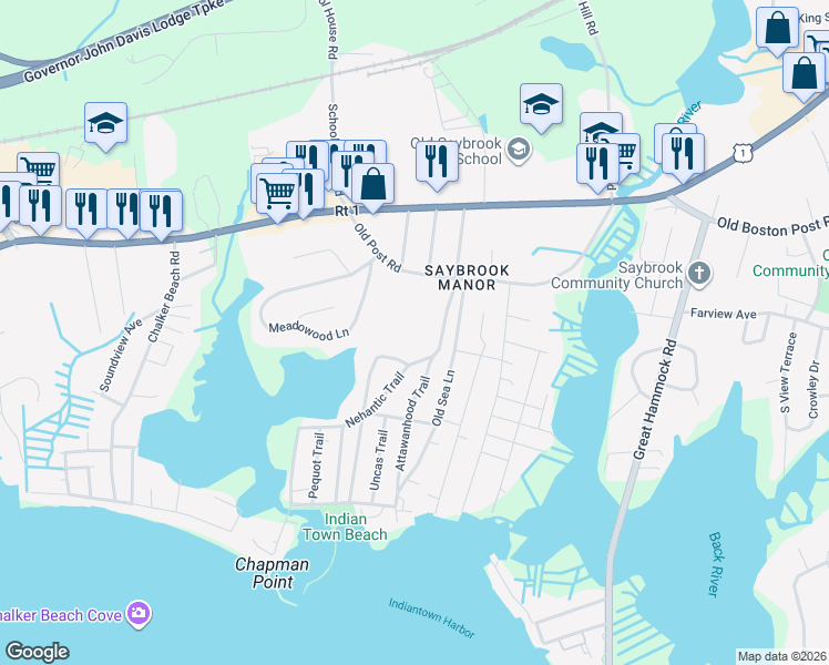 map of restaurants, bars, coffee shops, grocery stores, and more near 57 Nehantic Trail in Old Saybrook