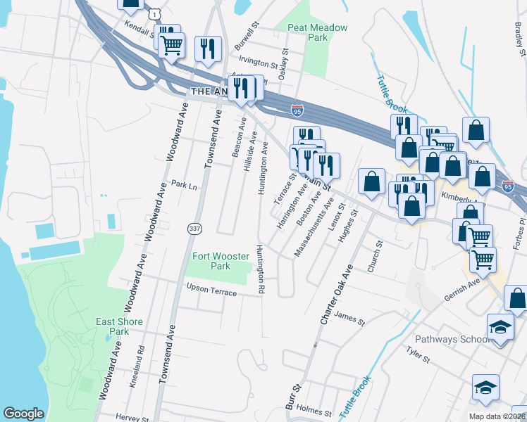 map of restaurants, bars, coffee shops, grocery stores, and more near 56 Terrace Street in New Haven