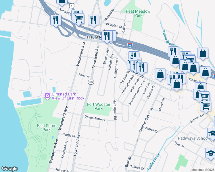 map of restaurants, bars, coffee shops, grocery stores, and more near 41 Hillside Avenue in New Haven