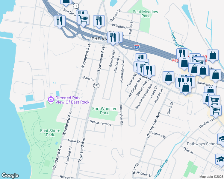 map of restaurants, bars, coffee shops, grocery stores, and more near 65 Hillside Avenue in New Haven
