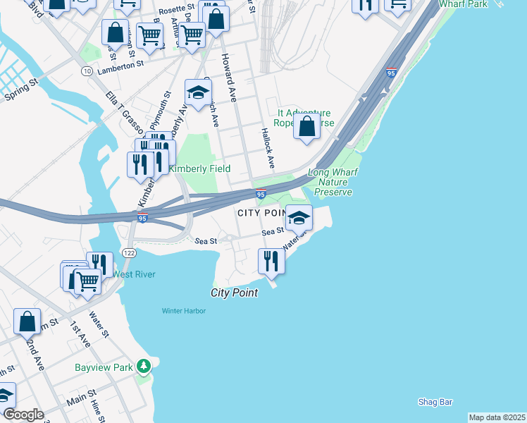 map of restaurants, bars, coffee shops, grocery stores, and more near 110 Howard Avenue in New Haven