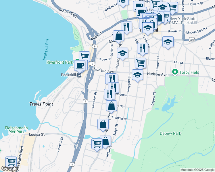 map of restaurants, bars, coffee shops, grocery stores, and more near 326 Washington Street in Peekskill
