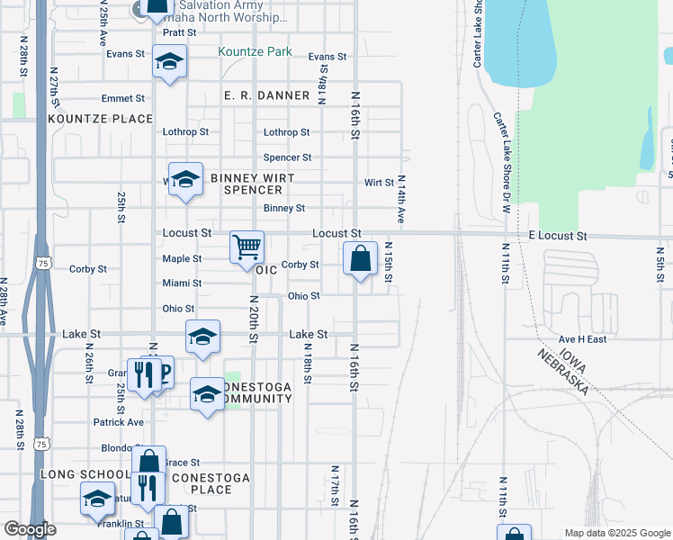 map of restaurants, bars, coffee shops, grocery stores, and more near 1611 Maple Street in Omaha