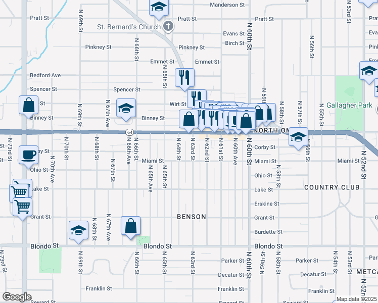 map of restaurants, bars, coffee shops, grocery stores, and more near 6319 Maple Street in Omaha