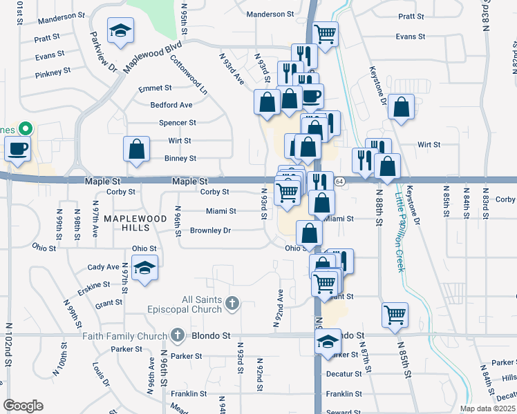 map of restaurants, bars, coffee shops, grocery stores, and more near 9317 Corby Street in Omaha