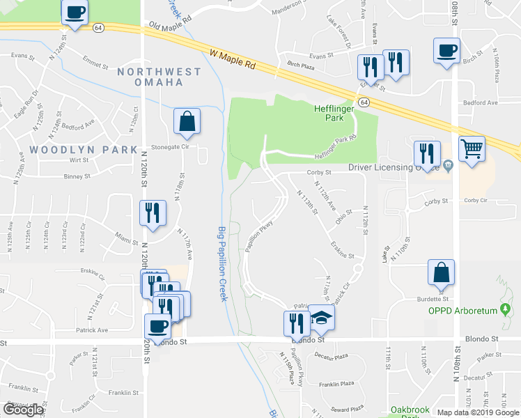 map of restaurants, bars, coffee shops, grocery stores, and more near 11417 Crabapple Court in Omaha