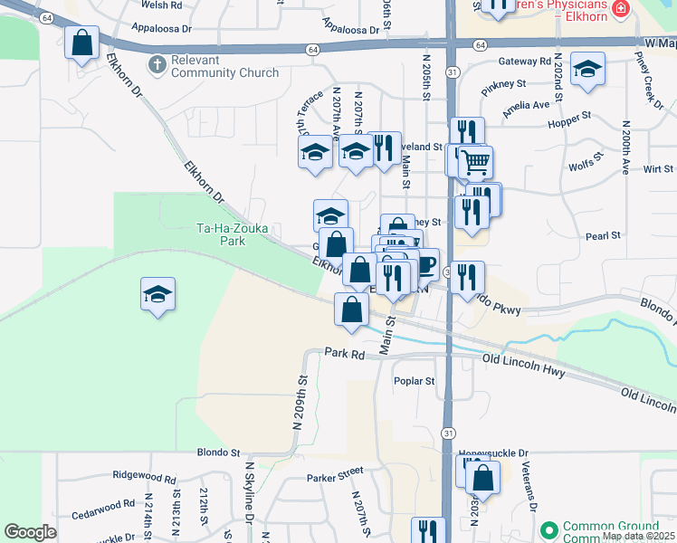 map of restaurants, bars, coffee shops, grocery stores, and more near 20709 Glenn Street in Omaha