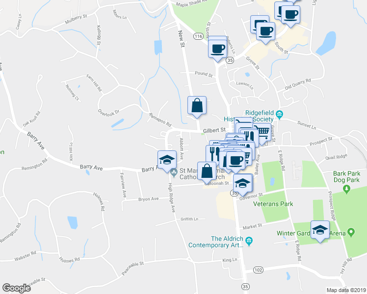 map of restaurants, bars, coffee shops, grocery stores, and more near 17 Abbott Avenue in Ridgefield
