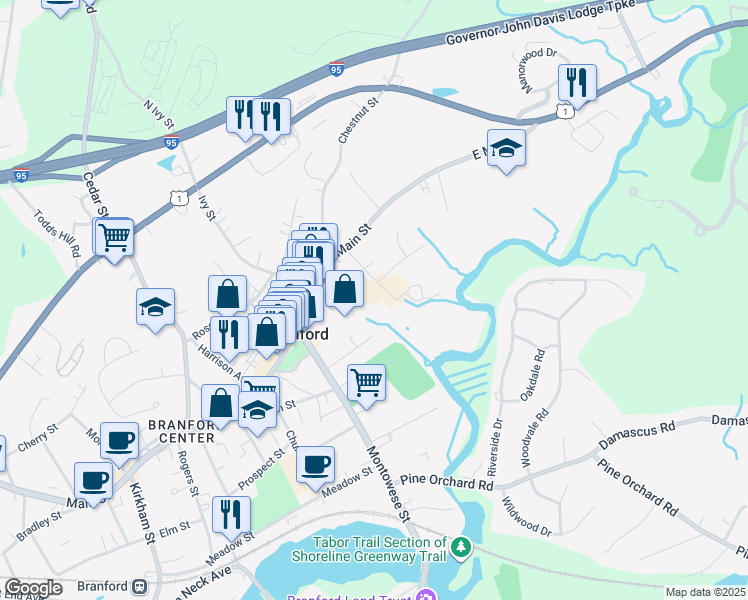 map of restaurants, bars, coffee shops, grocery stores, and more near 6 Hamre Lane in Branford
