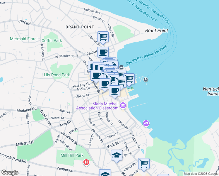 map of restaurants, bars, coffee shops, grocery stores, and more near 21 Main Street in Nantucket