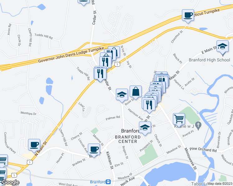 map of restaurants, bars, coffee shops, grocery stores, and more near 85 Cedar Street in Branford