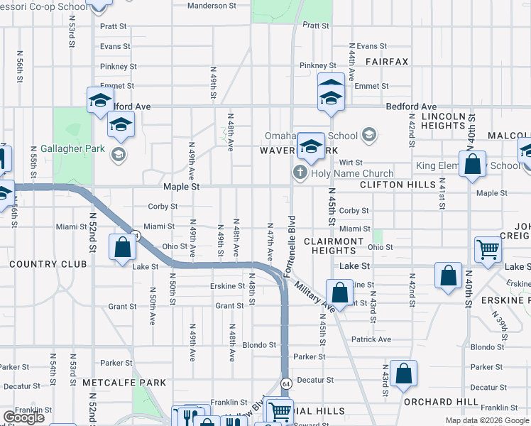 map of restaurants, bars, coffee shops, grocery stores, and more near 2737 North 48th Street in Omaha