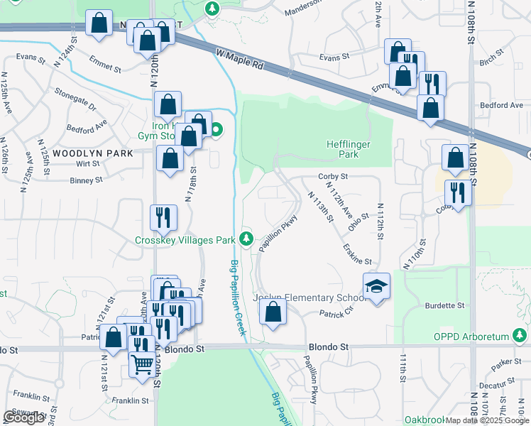 map of restaurants, bars, coffee shops, grocery stores, and more near 2716 North 115th Court in Omaha