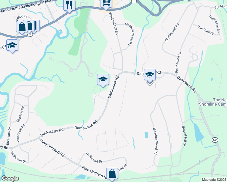 map of restaurants, bars, coffee shops, grocery stores, and more near 134 Damascus Road in Branford