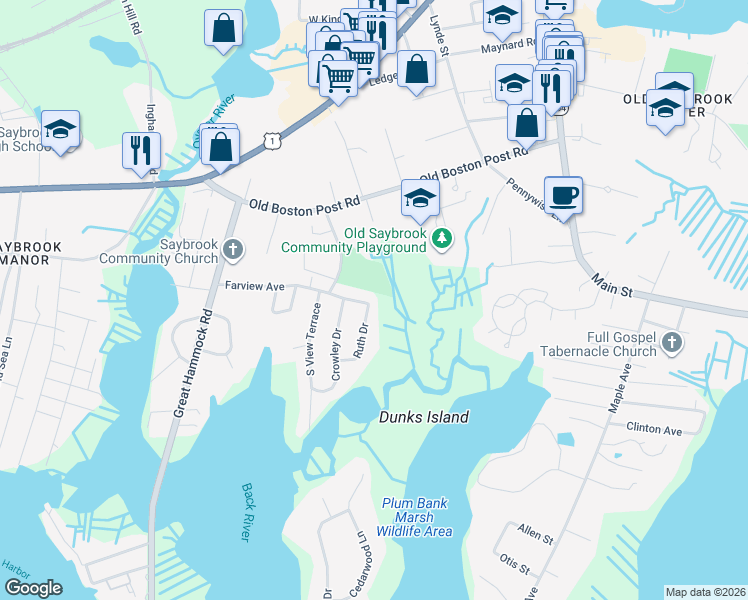 map of restaurants, bars, coffee shops, grocery stores, and more near 43 Farview Avenue in Old Saybrook
