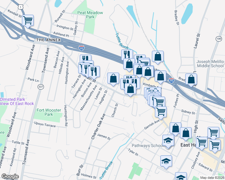 map of restaurants, bars, coffee shops, grocery stores, and more near 588 Main Street in East Haven
