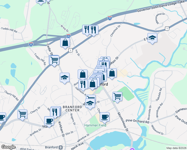 map of restaurants, bars, coffee shops, grocery stores, and more near 1212 East Main Street in Branford