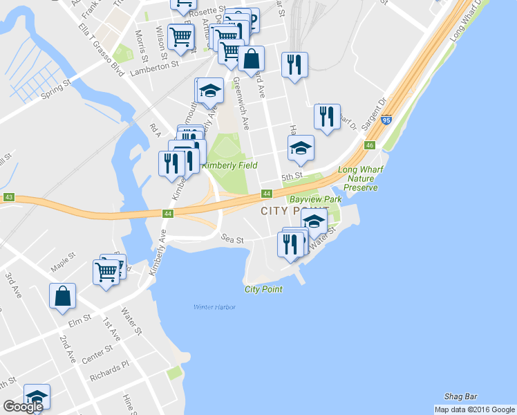 map of restaurants, bars, coffee shops, grocery stores, and more near 179 Greenwich Avenue in New Haven