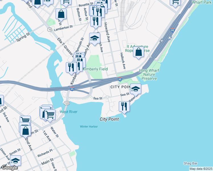 map of restaurants, bars, coffee shops, grocery stores, and more near 179 Greenwich Avenue in New Haven