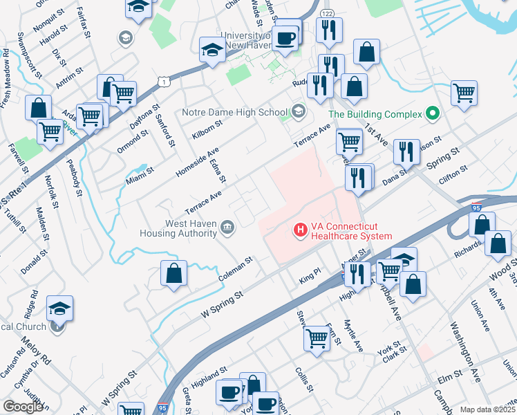 map of restaurants, bars, coffee shops, grocery stores, and more near 11 Crest Street in West Haven