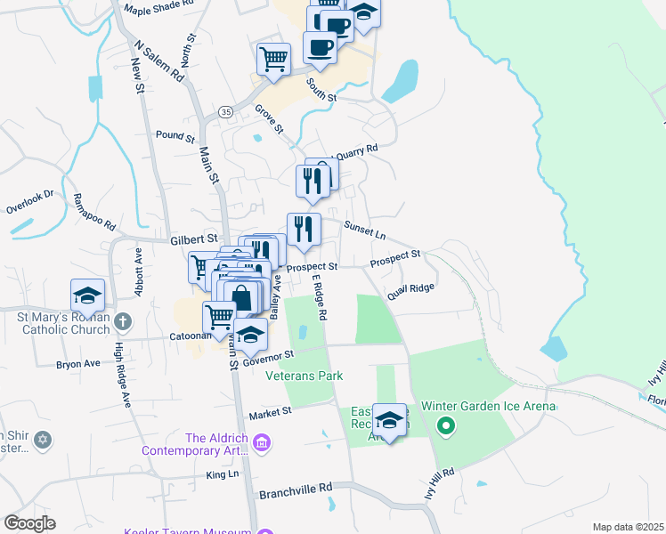 map of restaurants, bars, coffee shops, grocery stores, and more near 57 Prospect Street in Ridgefield