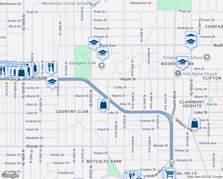 map of restaurants, bars, coffee shops, grocery stores, and more near 5048 Corby Street in Omaha