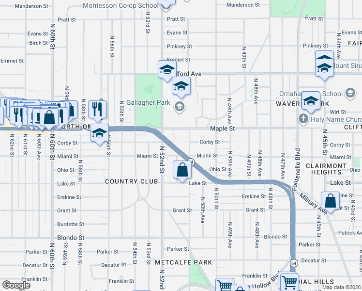 map of restaurants, bars, coffee shops, grocery stores, and more near 5136 Nebraska 64 in Omaha