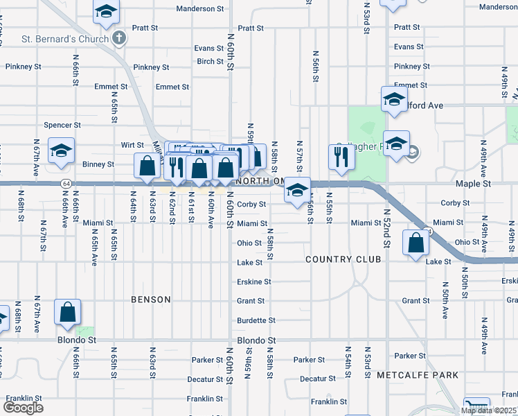 map of restaurants, bars, coffee shops, grocery stores, and more near 5816 Corby Street in Omaha
