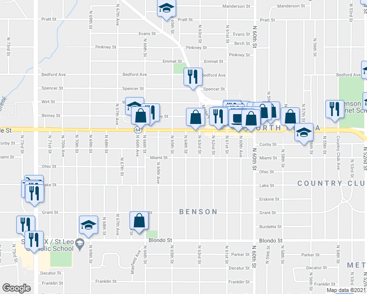 map of restaurants, bars, coffee shops, grocery stores, and more near 6319 Maple Street in Omaha