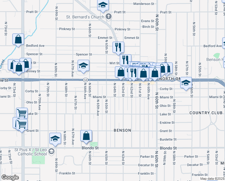 map of restaurants, bars, coffee shops, grocery stores, and more near 6319 Maple Street in Omaha