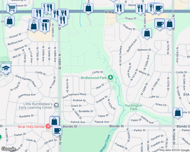 map of restaurants, bars, coffee shops, grocery stores, and more near 16402 Corby Street in Omaha
