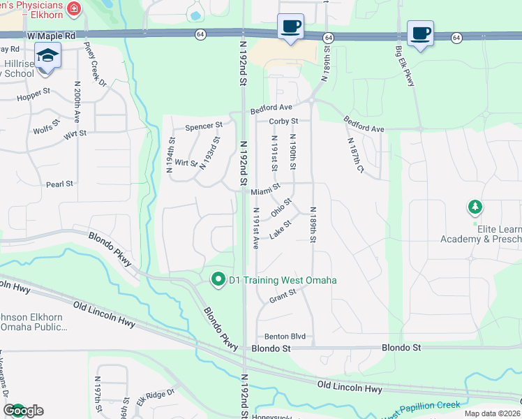 map of restaurants, bars, coffee shops, grocery stores, and more near 19105 Quinn Drive in Omaha