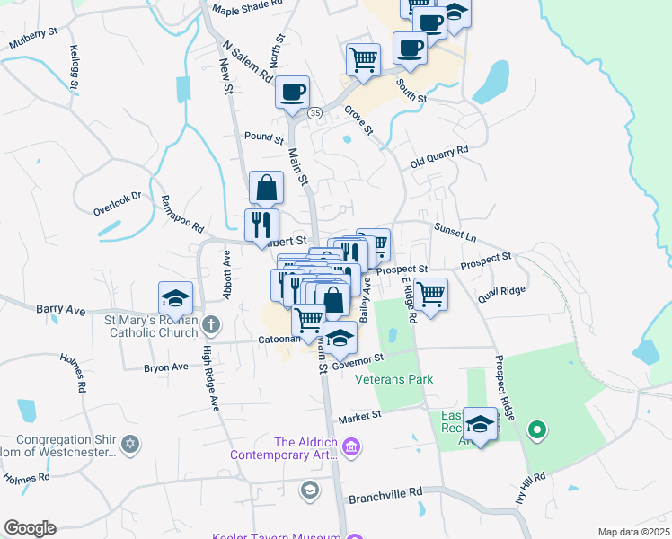 map of restaurants, bars, coffee shops, grocery stores, and more near 472 Main Street in Ridgefield