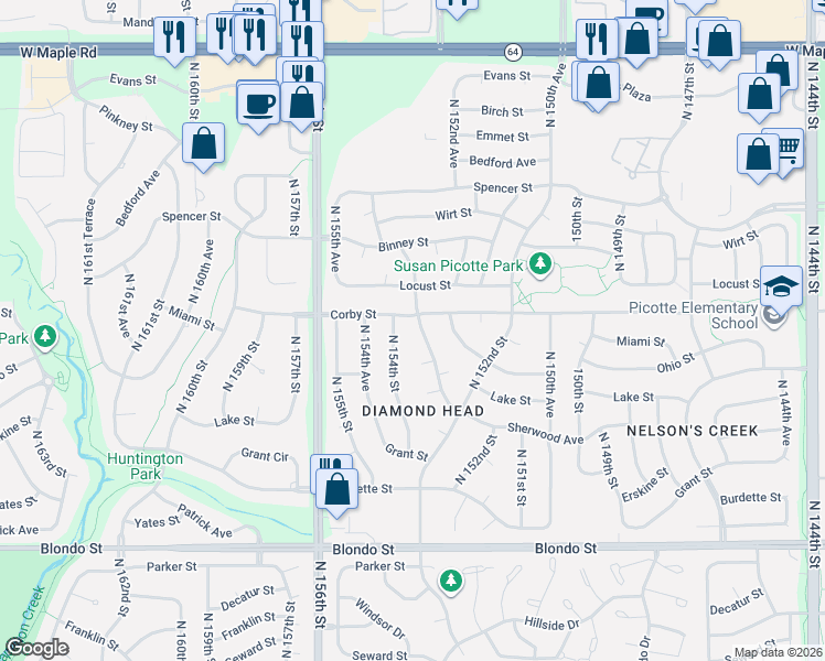 map of restaurants, bars, coffee shops, grocery stores, and more near 15354 Corby Street in Omaha