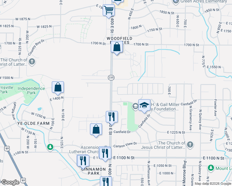 map of restaurants, bars, coffee shops, grocery stores, and more near 1450 North Washington Boulevard in Ogden