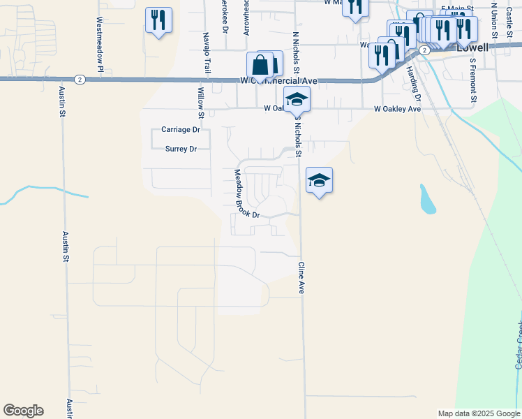 map of restaurants, bars, coffee shops, grocery stores, and more near Dogwood Lane in Lowell