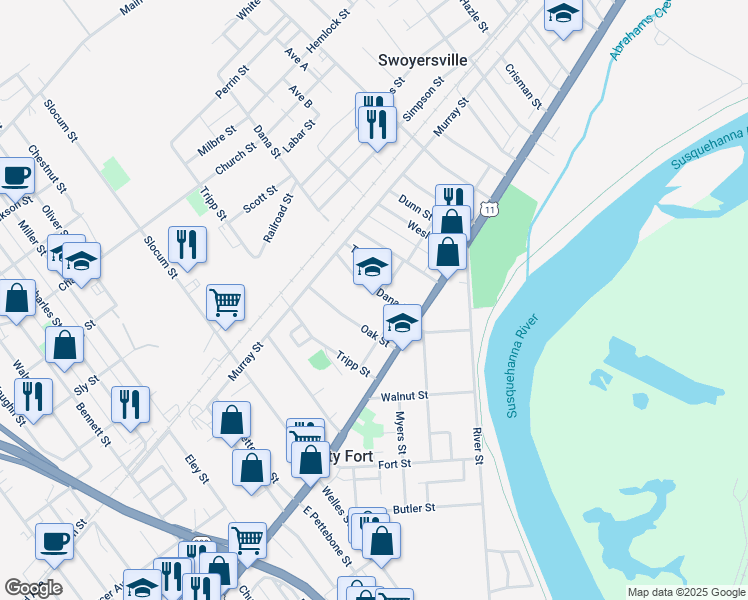 map of restaurants, bars, coffee shops, grocery stores, and more near 50 Dana Street in Forty Fort