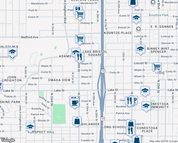 map of restaurants, bars, coffee shops, grocery stores, and more near 2860 Corby Street in Omaha