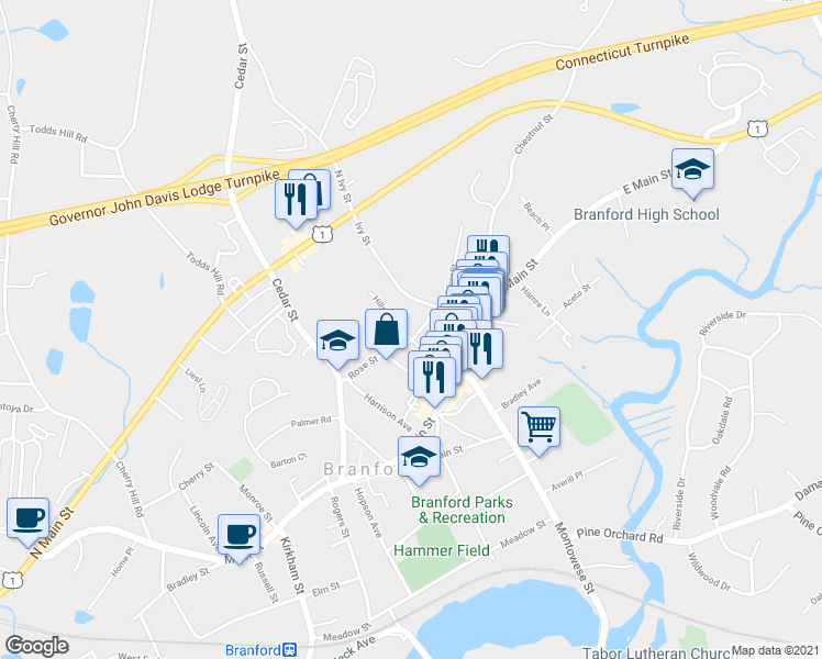 map of restaurants, bars, coffee shops, grocery stores, and more near 36 Rose Street in Branford