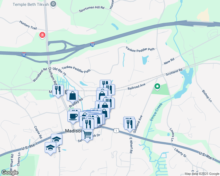 map of restaurants, bars, coffee shops, grocery stores, and more near 52 Fox Chase Lane in Madison